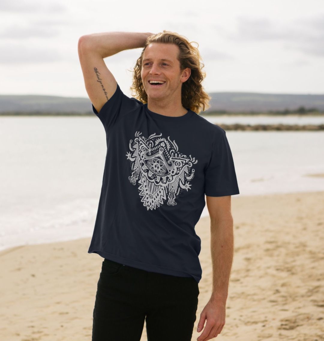 Organic Cotton Navy Blue T-shirt featuring Witch Doctor White Print by Fowl Plays - Sustainable Fashion and Art At Fowl Plays