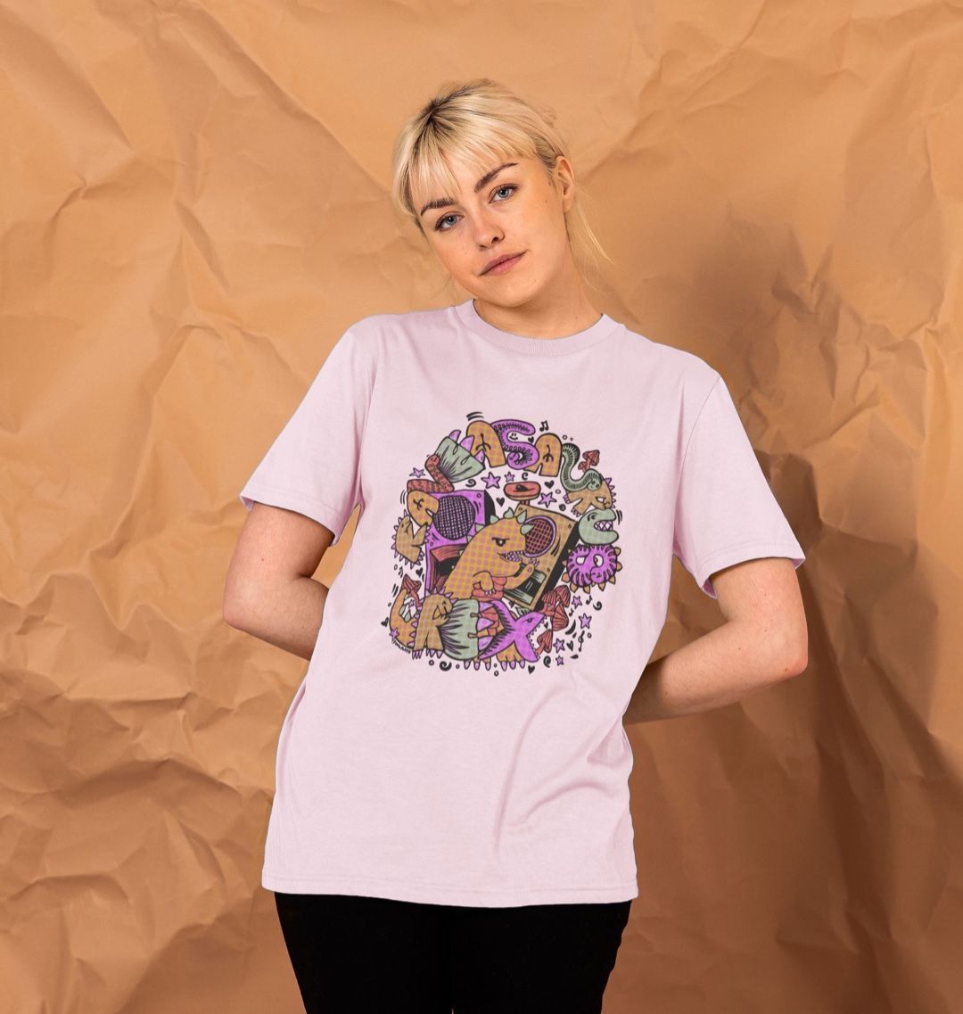 Organic Cotton Pink T-shirt featuring Raveasaurus Rex Orange by Fowl Plays - Sustainable Fashion and Art At Fowl Plays