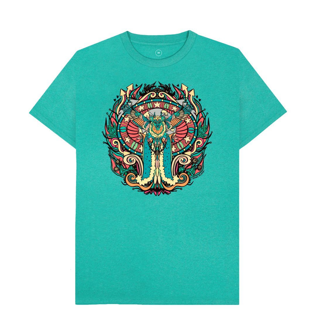 Flying Fire Lion by Fowl Plays on Seagrass green Recycled Organic Cotton Unisex T-shirt Sustainable Fashion and Art At Fowl Plays