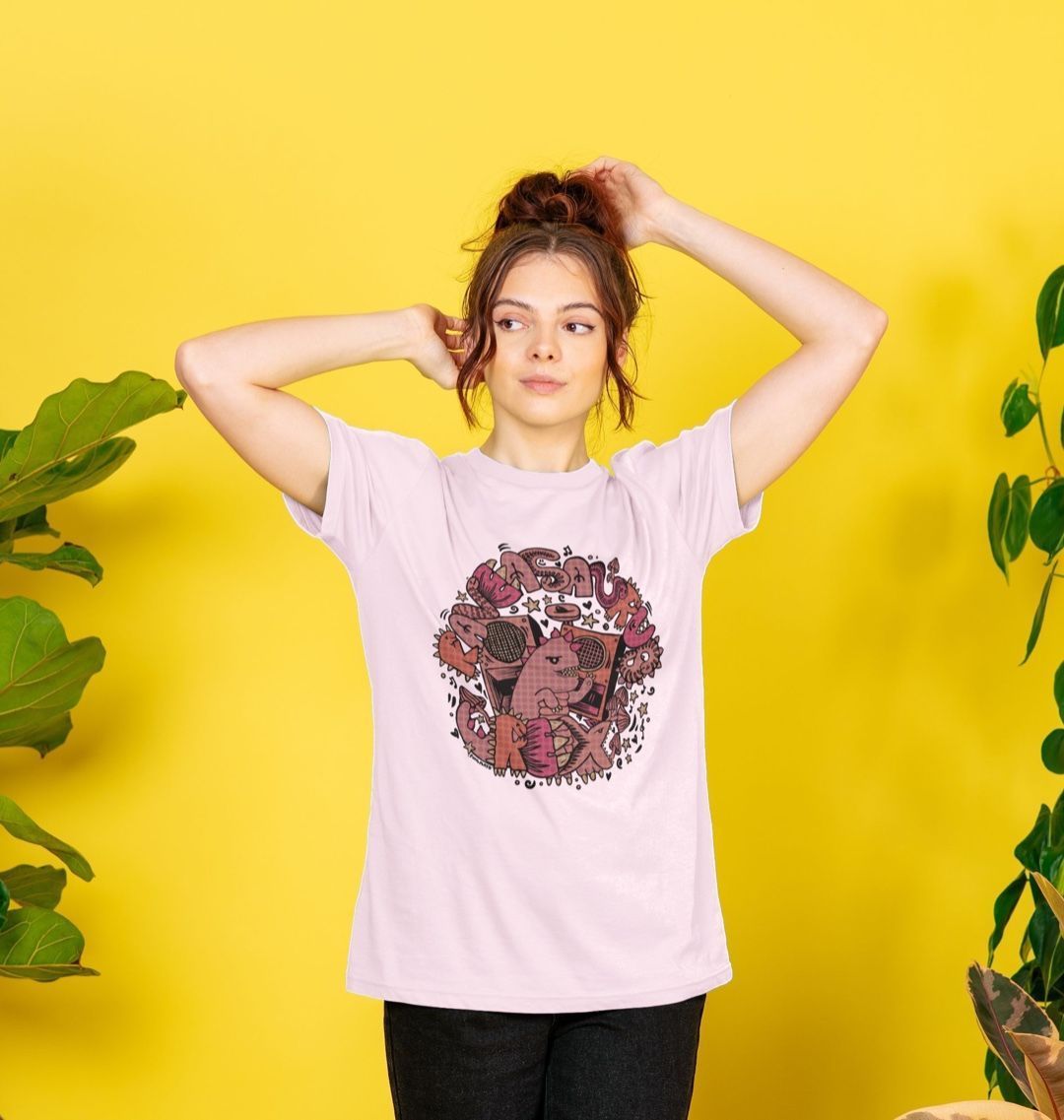 Organic Cotton Pink T-shirt featuring Raveasaurus Rex Pink by Fowl Plays - Sustainable Fashion and Art At Fowl Plays