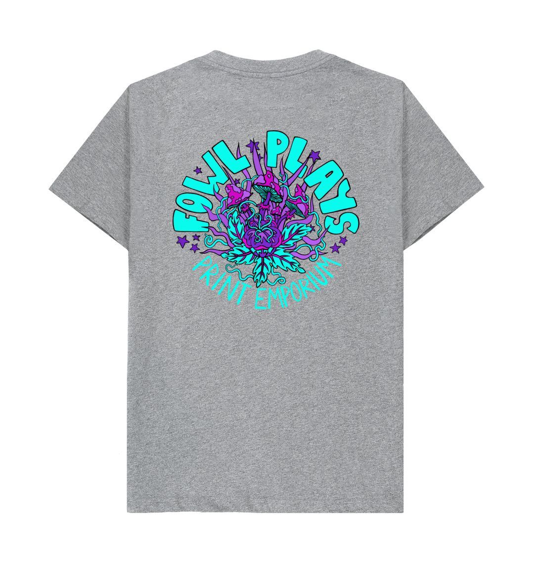 Fowl Plays Print Emporium Mushroom Delight by Fowl Plays Front and Back on Athletic Grey Organic Cotton Unisex T-shirt Sustainable Fashion and Art At Fowl Plays Back Side