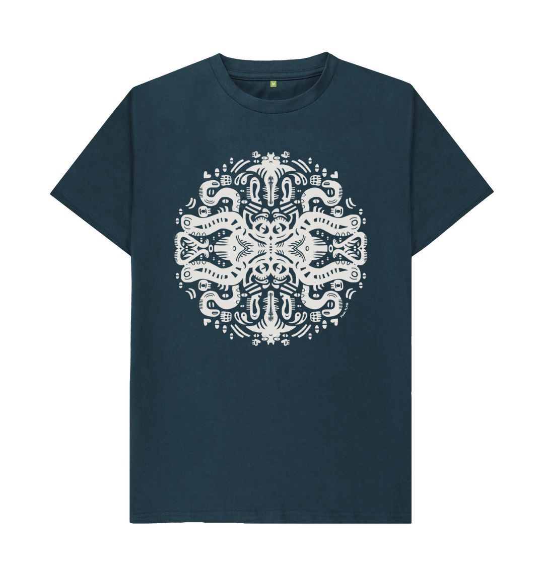 Organic Cotton Denim Blue T-shirt featuring Squid Games White by Fowl Plays - Sustainable Fashion and Art At Fowl Plays