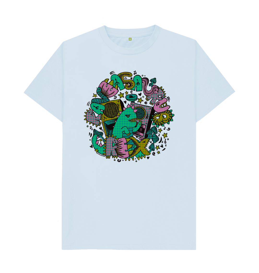 Organic Cotton Sky Blue T-shirt featuring Raveasaurus Rex Teal by Fowl Plays - Sustainable Fashion and Art At Fowl Plays