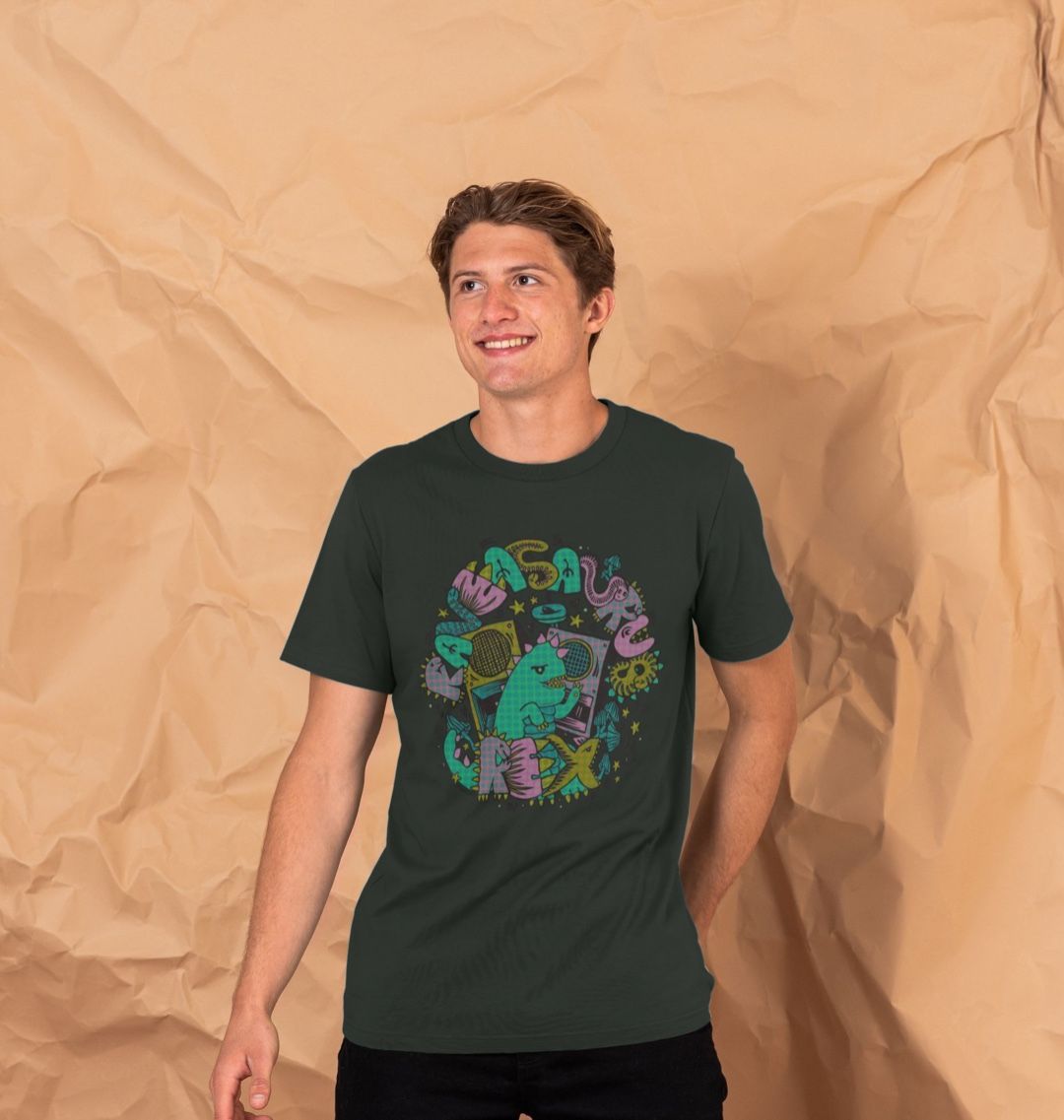 Organic Cotton Dark Grey T-shirt featuring Raveasaurus Rex Teal by Fowl Plays - Sustainable Fashion and Art At Fowl Plays