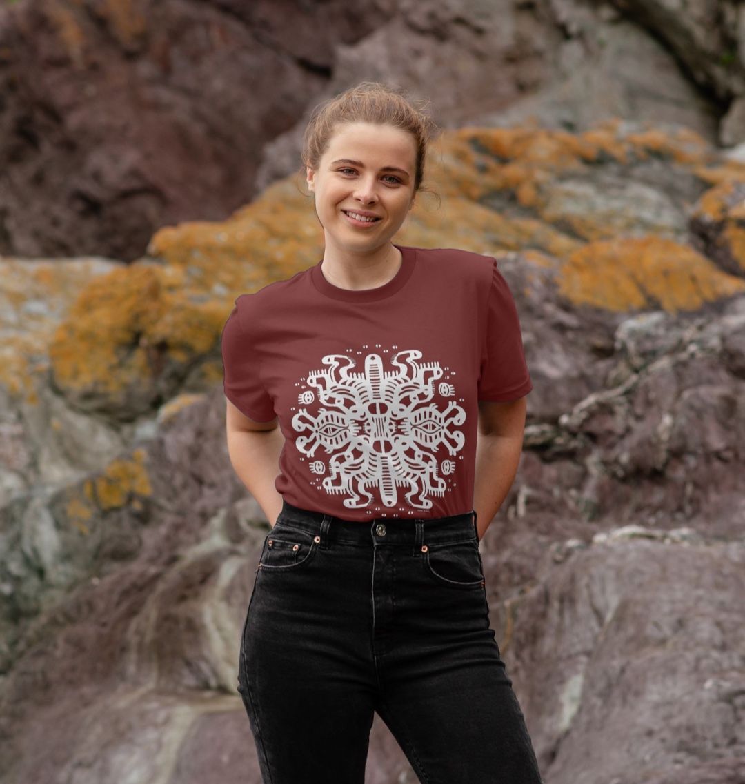 Organic Cotton Red Wine T-shirt featuring Squid Mates White Print by Fowl Plays - Sustainable Fashion and Art At Fowl Plays