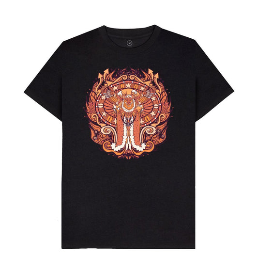 Flying Fire Lion by Fowl Plays on Black Organic Cotton Recycled Unisex Front & Back T-shirt Sustainable Fashion and Art At Fowl Plays