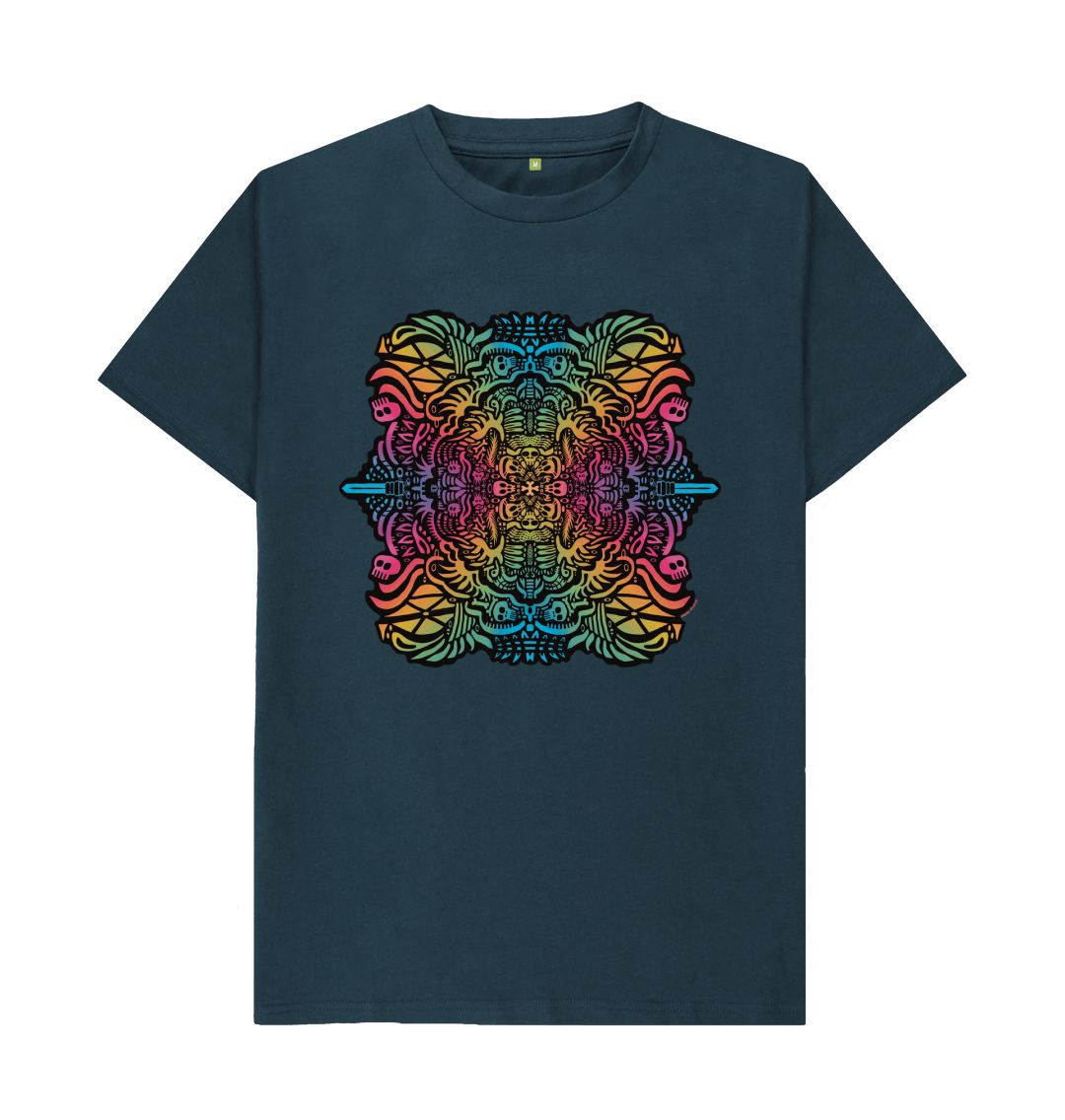 Organic Cotton Denim Blue T-shirt featuring Pirate Plays Rainbow by Fowl Plays - Sustainable Fashion and Art At Fowl Plays