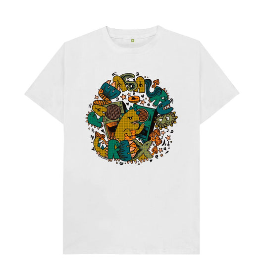 Organic Cotton White T-shirt featuring Raveasaurus Rex Moss by Fowl Plays - Sustainable Fashion and Art At Fowl Plays