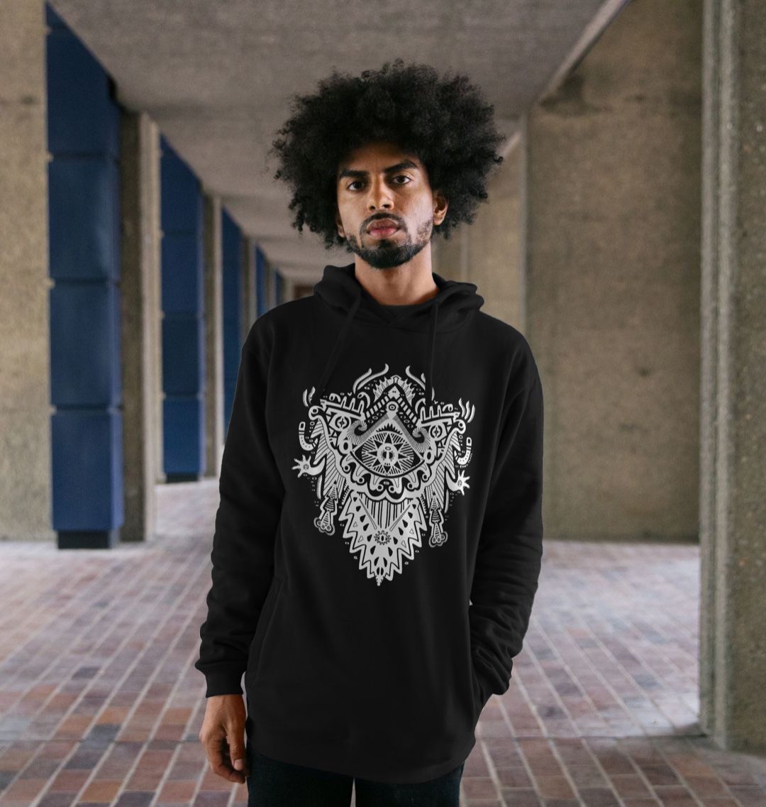 Organic Cotton Black Hoodie featuring Witch Doctor White Print by Fowl Plays - Sustainable Fashion and Art At Fowl Plays.