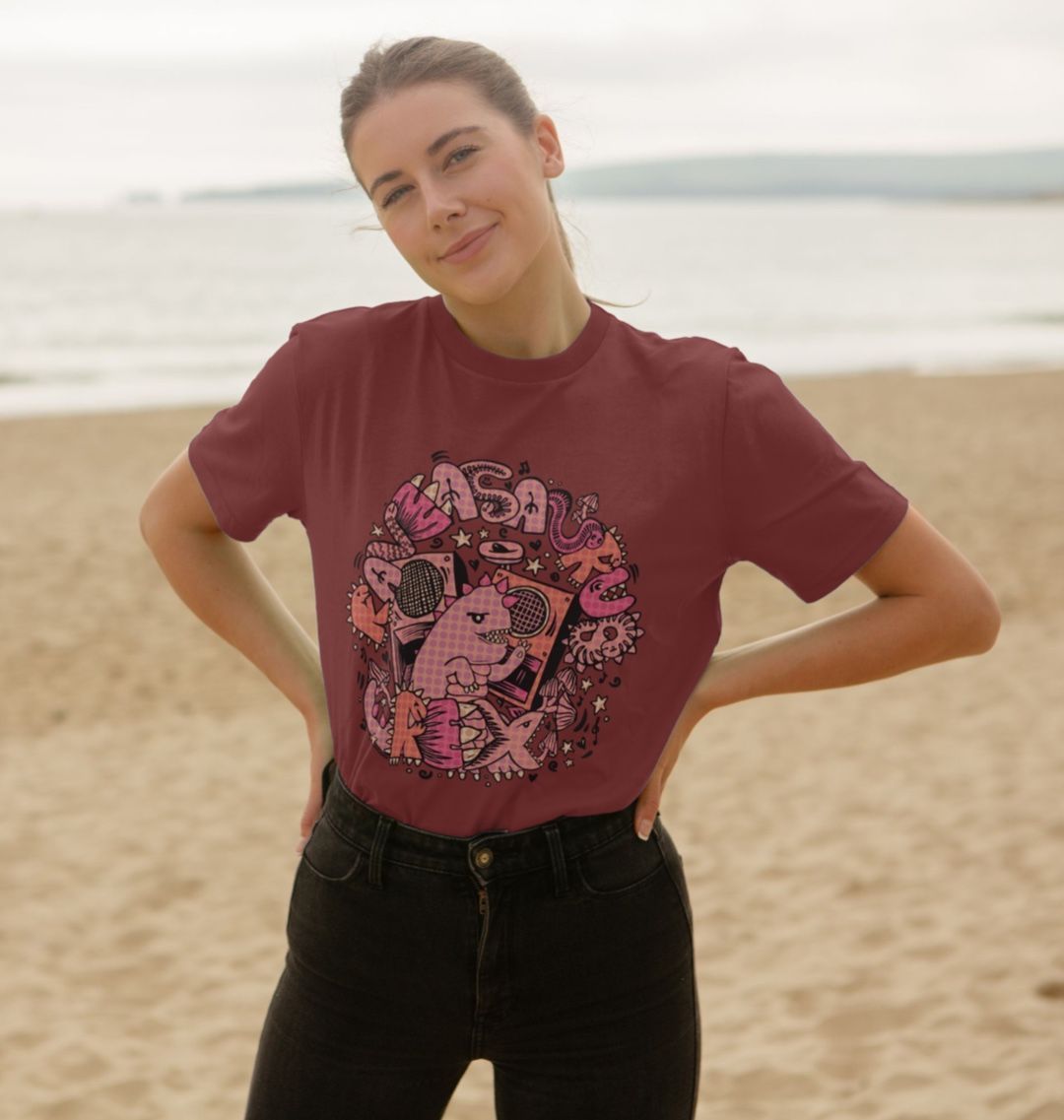 Organic Cotton Red Wine T-shirt featuring Raveasaurus Rex Pink by Fowl Plays - Sustainable Fashion and Art At Fowl Plays