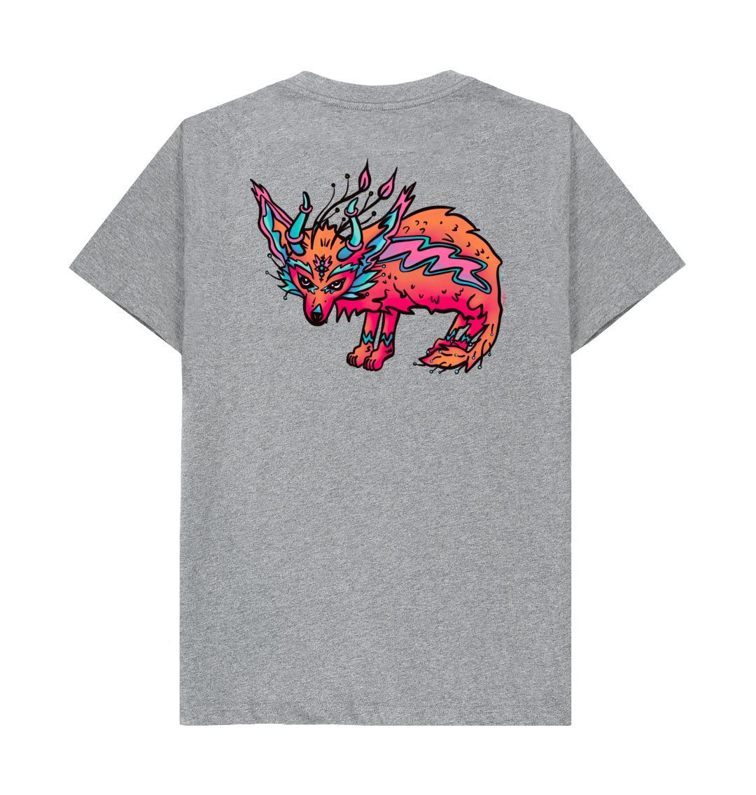 Reverse side Organic Cotton Athletic Grey T-shirt featuring a fantasy Fennec Fox by Fowl Plays - Sustainable Fashion and Art At Fowl Plays