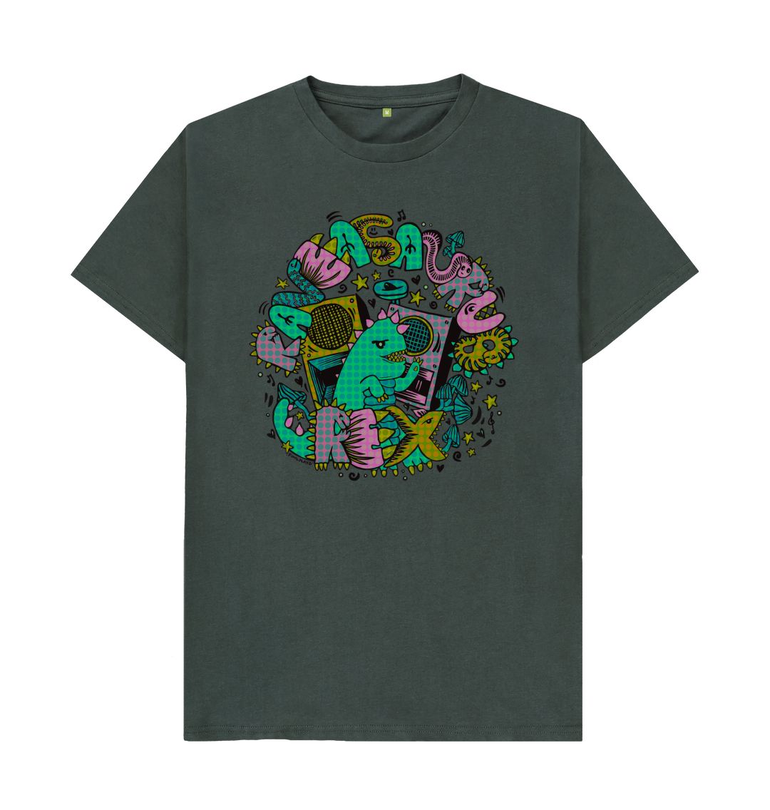 Organic Cotton Dark Grey T-shirt featuring Raveasaurus Rex Teal by Fowl Plays - Sustainable Fashion and Art At Fowl Plays