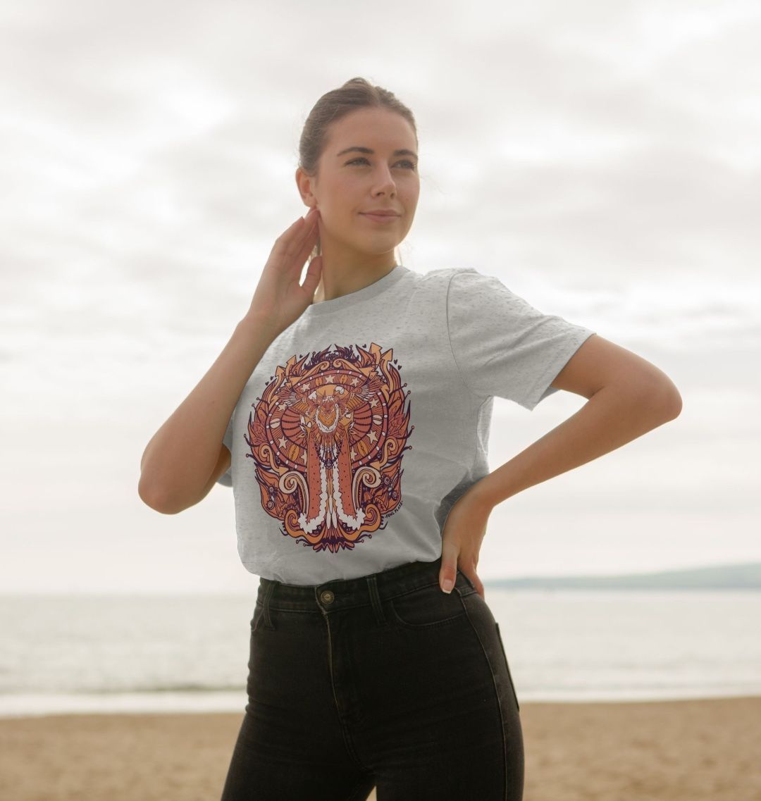 Flying Fire Lion by Fowl Plays on Grey Organic Cotton Recycled Unisex Front & Back T-shirt Sustainable Fashion and Art At Fowl Plays