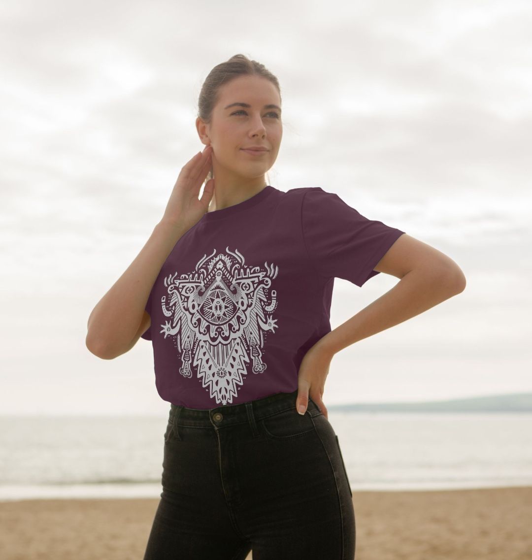 Organic Cotton Purple T-shirt featuring Witch Doctor White Print by Fowl Plays - Sustainable Fashion and Art At Fowl Plays