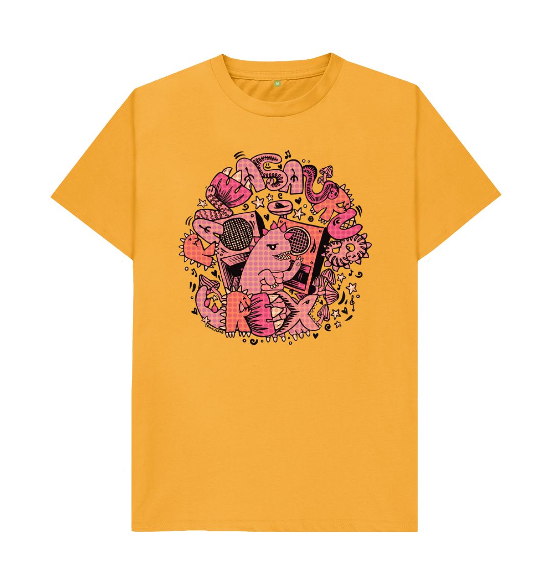 Organic Cotton Mustard T-shirt featuring Raveasaurus Rex Pink by Fowl Plays - Sustainable Fashion and Art At Fowl Plays