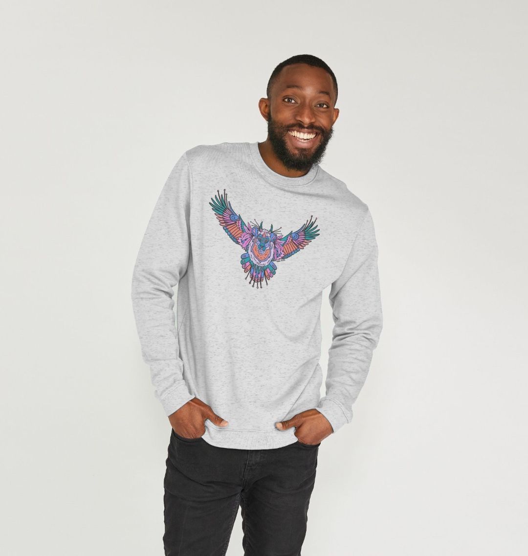 Flying Fire Lion by Fowl Plays on Grey Organic Cotton Recycled Unisex Front & Back Sweater Sustainable Fashion and Art At Fowl Plays