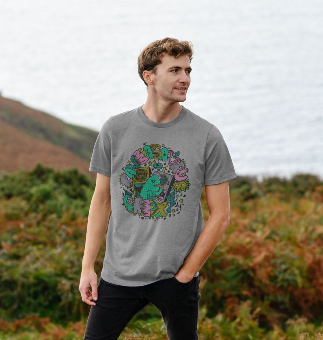 Organic Cotton Athletic Grey T-shirt featuring Raveasaurus Rex Teal by Fowl Plays - Sustainable Fashion and Art At Fowl Plays