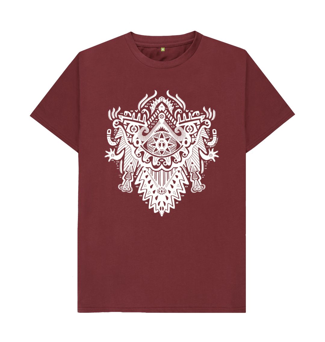 Organic Cotton Red Wine T-shirt featuring Witch Doctor White Print by Fowl Plays - Sustainable Fashion and Art At Fowl Plays