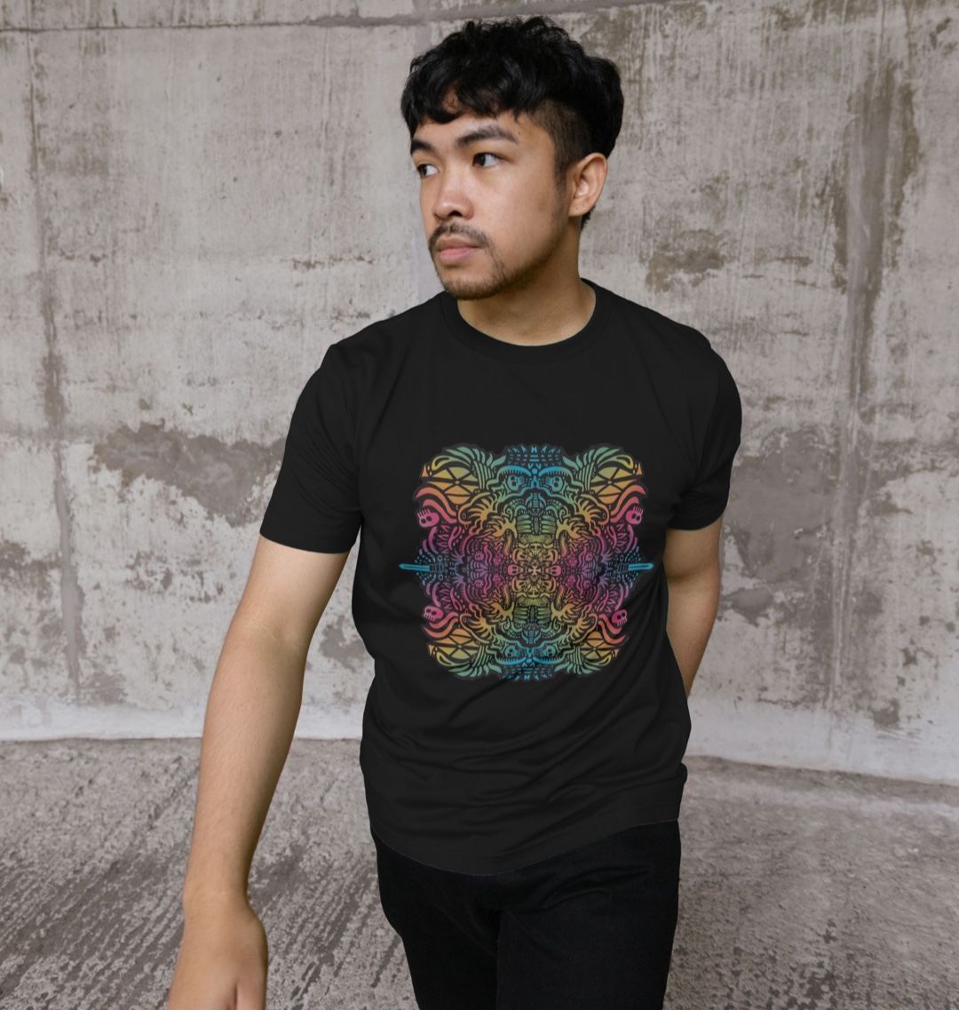 Organic Cotton Black T-shirt featuring Pirate Plays Rainbow by Fowl Plays - Sustainable Fashion and Art At Fowl Plays