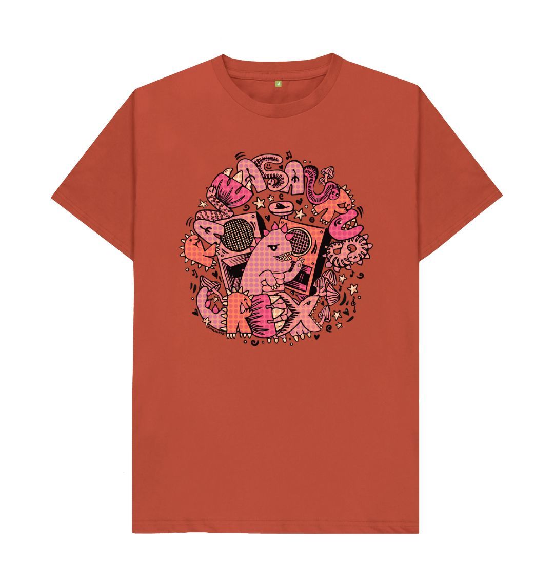 Organic Cotton Rust T-shirt featuring Raveasaurus Rex Pink by Fowl Plays - Sustainable Fashion and Art At Fowl Plays