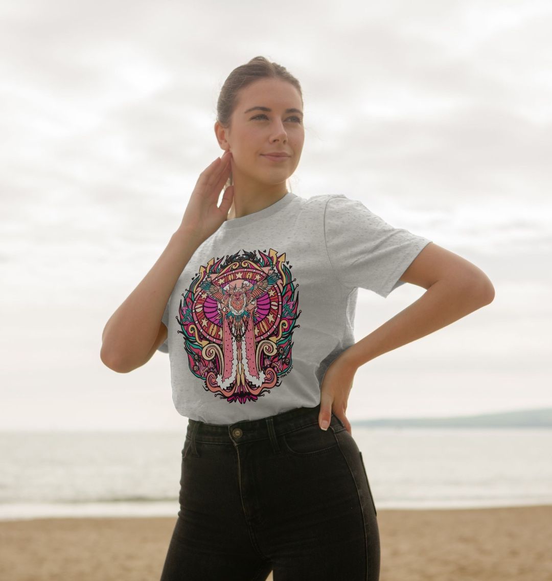 Flying Fire Lion by Fowl Plays on Grey Recycled Organic Cotton Unisex T-shirt Sustainable Fashion and Art At Fowl Plays