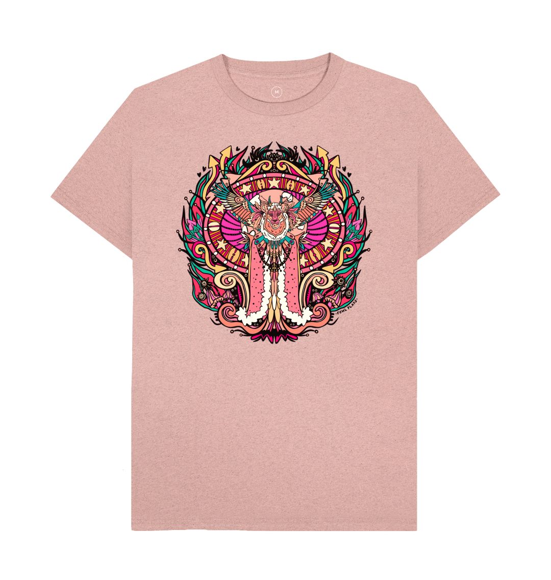 Flying Fire Lion by Fowl Plays on Sunset Pink Recycled Organic Cotton Unisex T-shirt Sustainable Fashion and Art At Fowl Plays