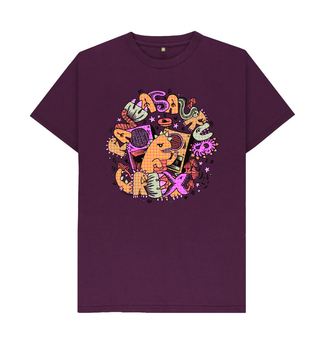 Organic Cotton Purple T-shirt featuring Raveasaurus Rex Orange by Fowl Plays - Sustainable Fashion and Art At Fowl Plays