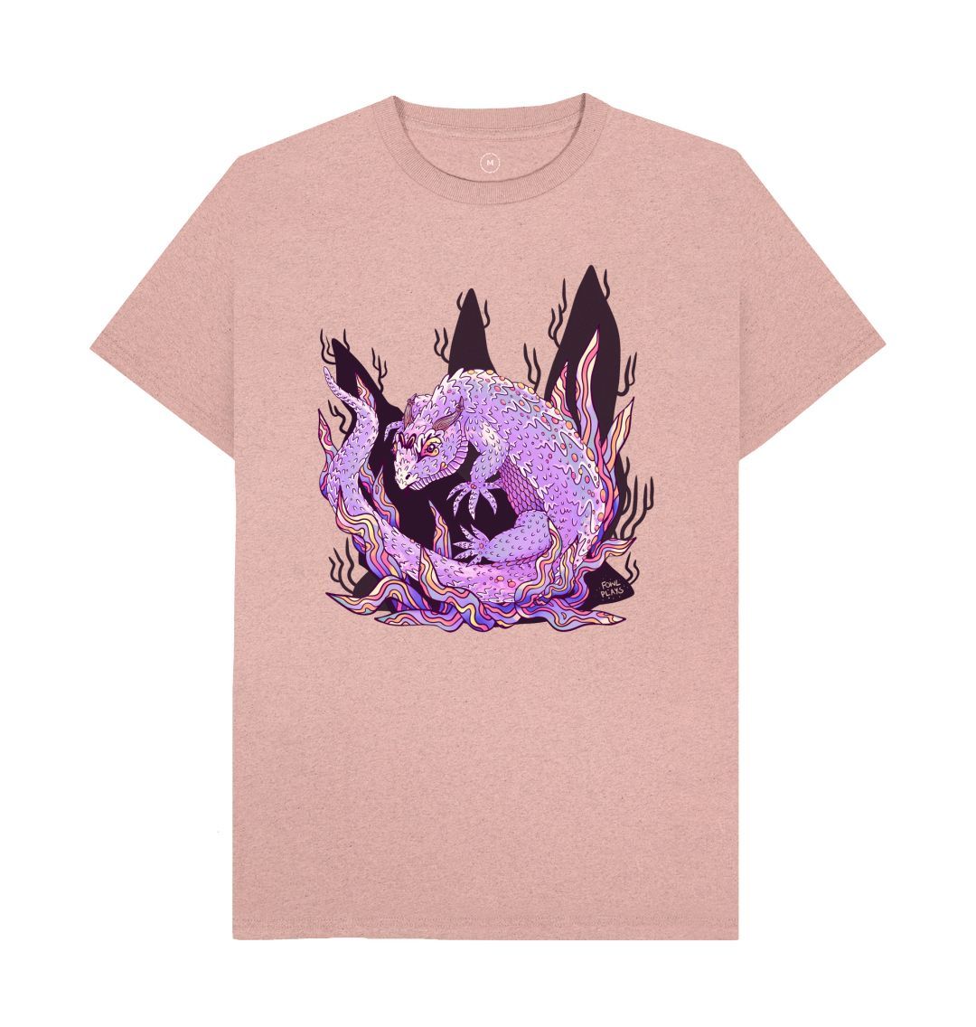 Organic Cotton Sunset Pink Recycled T-shirt featuring an Armadillo Lizard by Fowl Plays - Sustainable Fashion and Art At Fowl Plays.