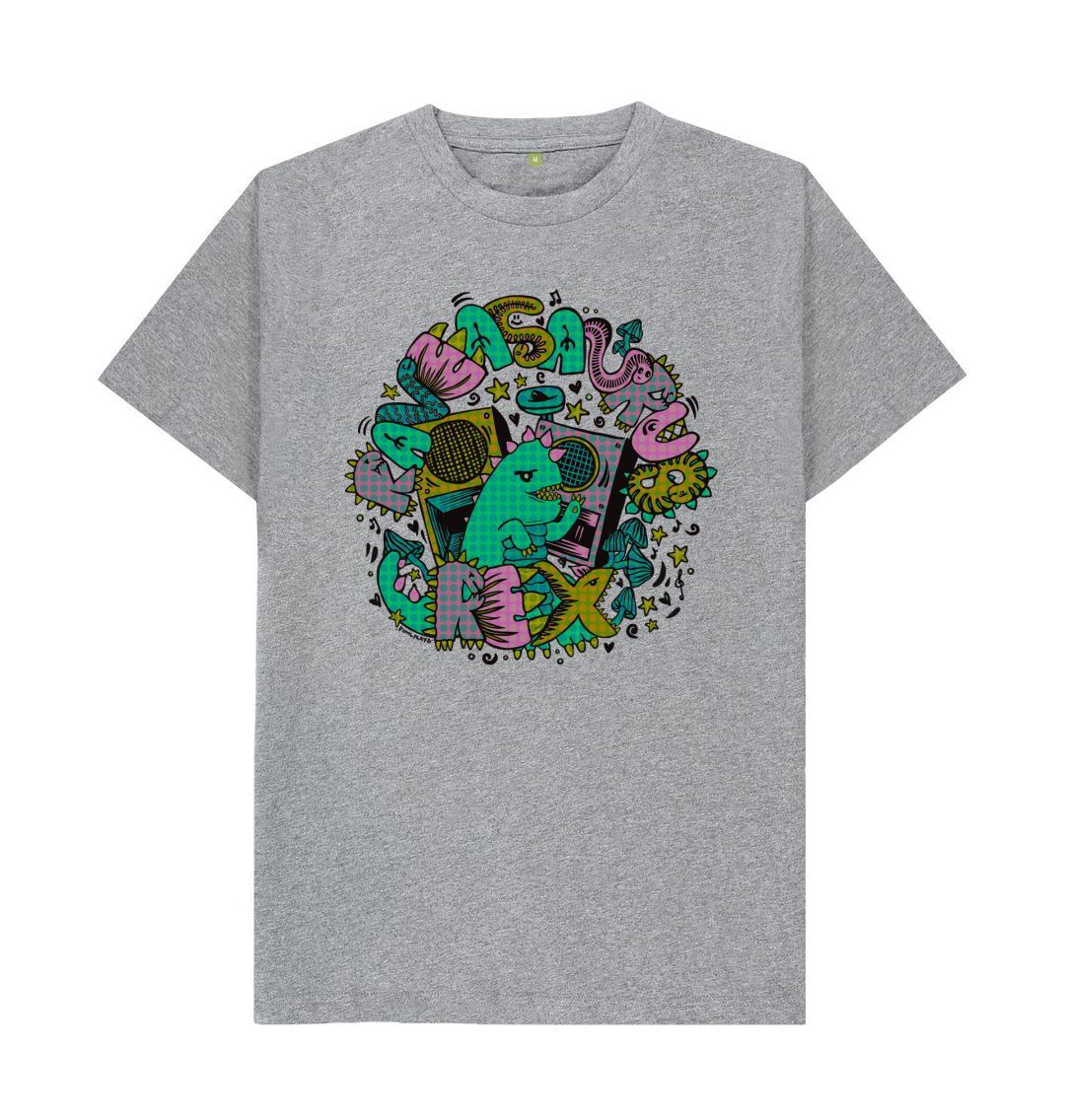 Organic Cotton Athletic Grey T-shirt featuring Raveasaurus Rex Teal by Fowl Plays - Sustainable Fashion and Art At Fowl Plays