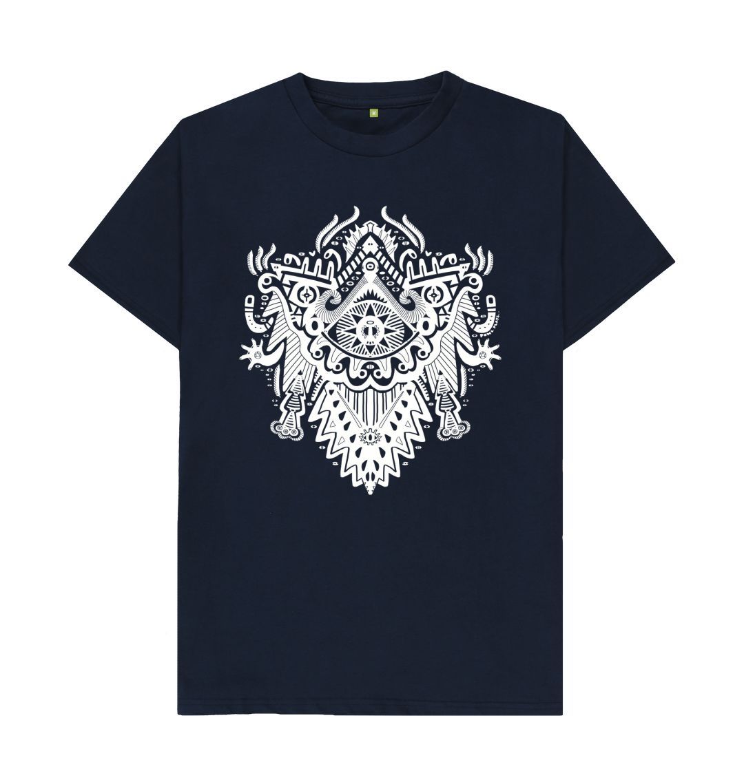 Organic Cotton Navy Blue T-shirt featuring Witch Doctor White Print by Fowl Plays - Sustainable Fashion and Art At Fowl Plays