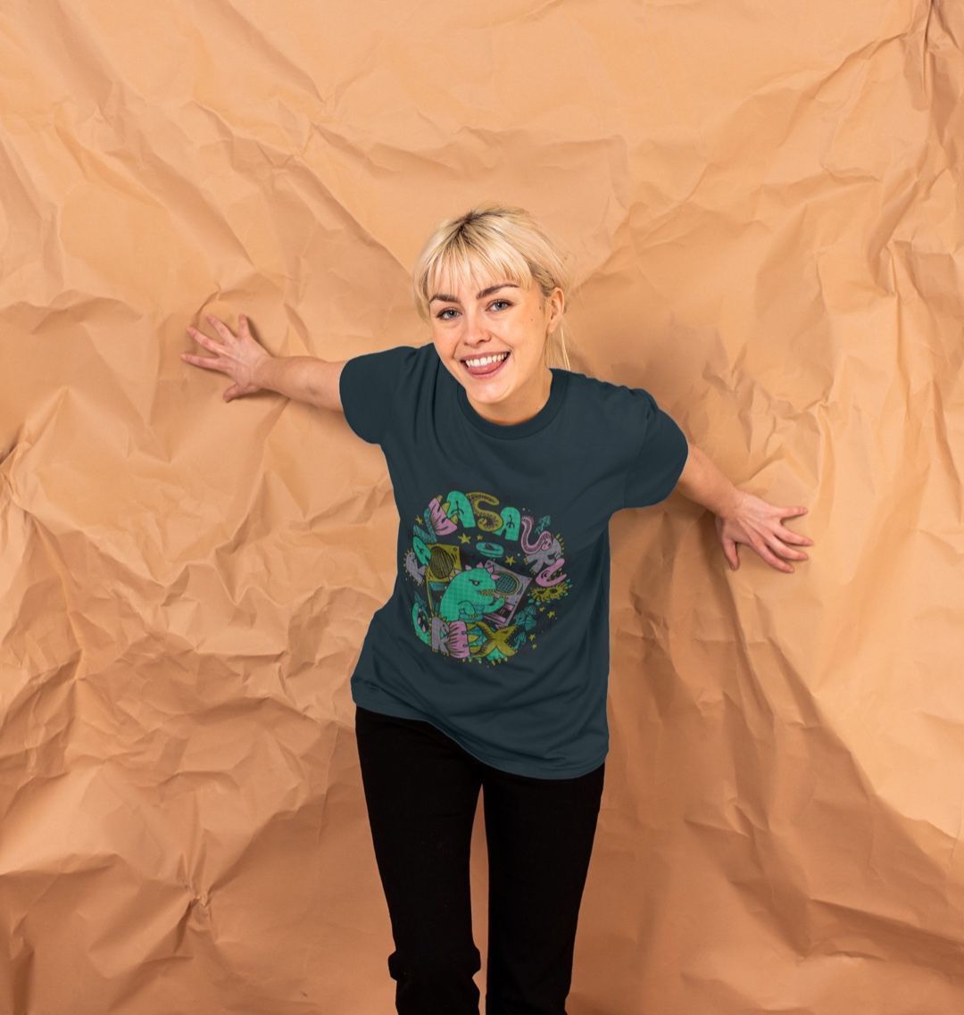 Organic Cotton Denim Blue T-shirt featuring Raveasaurus Rex Teal by Fowl Plays - Sustainable Fashion and Art At Fowl Plays