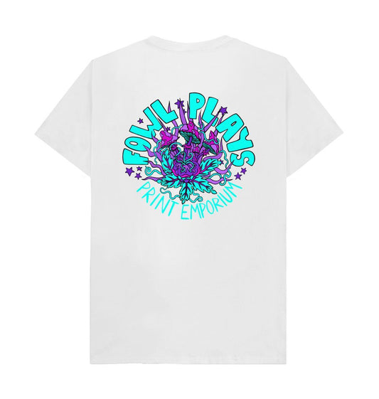 Fowl Plays Print Emporium Mushroom Delight by Fowl Plays Front and Back on White Organic Cotton Unisex T-shirt Sustainable Fashion and Art At Fowl Plays Back Side