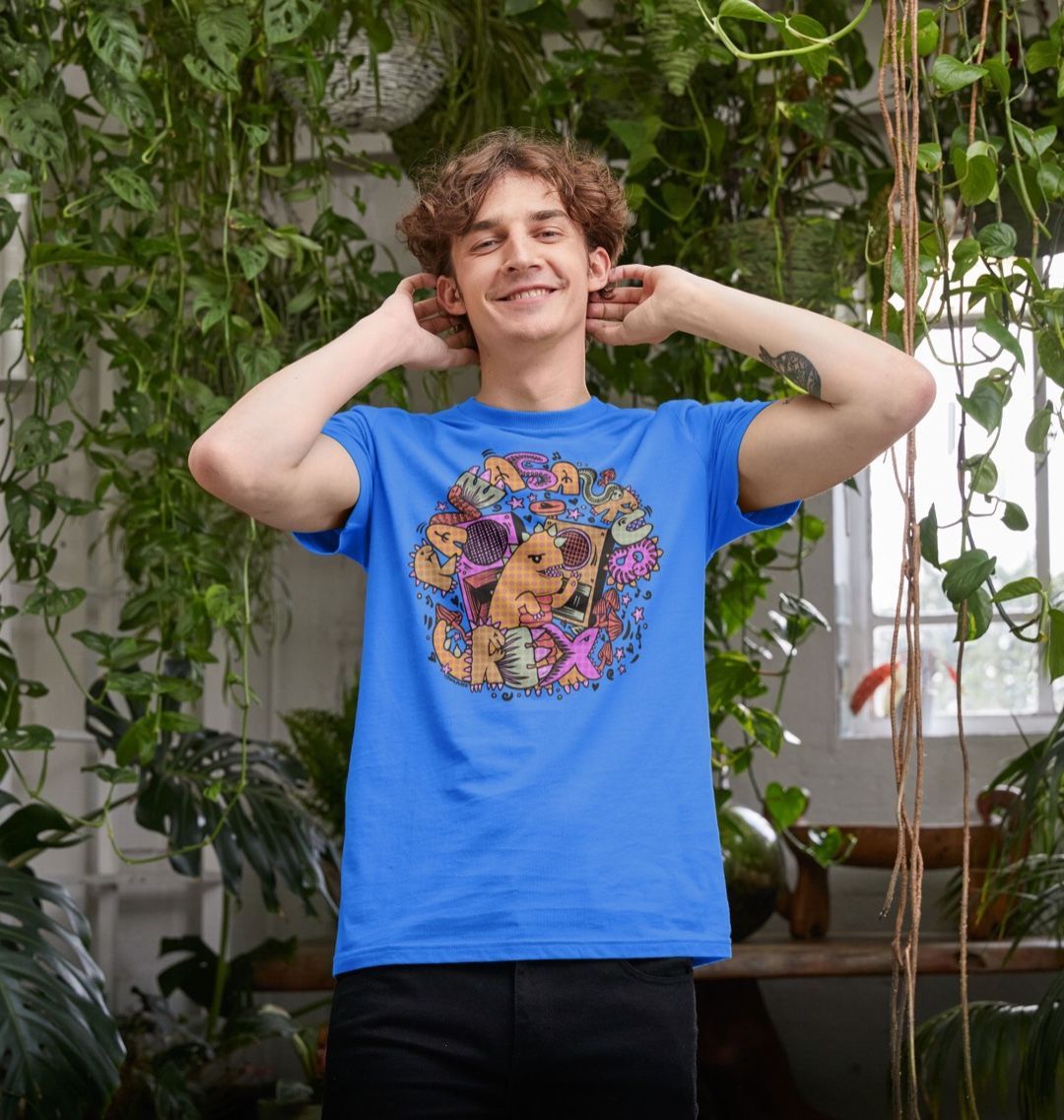 Organic Cotton Bright Blue T-shirt featuring Raveasaurus Rex Orange by Fowl Plays - Sustainable Fashion and Art At Fowl Plays