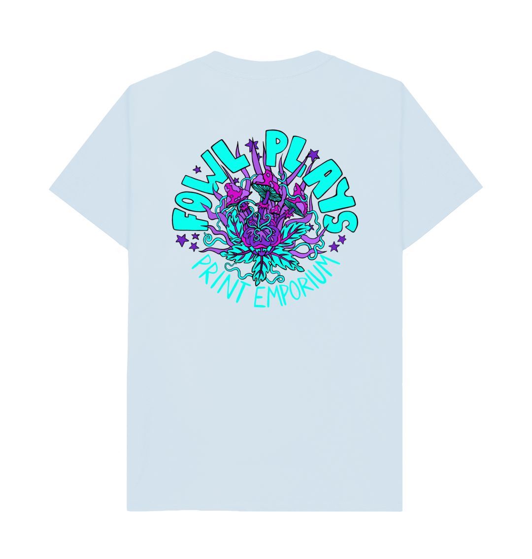 Fowl Plays Print Emporium Mushroom Delight by Fowl Plays Front and Back on Sky Blue Organic Cotton Unisex T-shirt Sustainable Fashion and Art At Fowl Plays Back Side