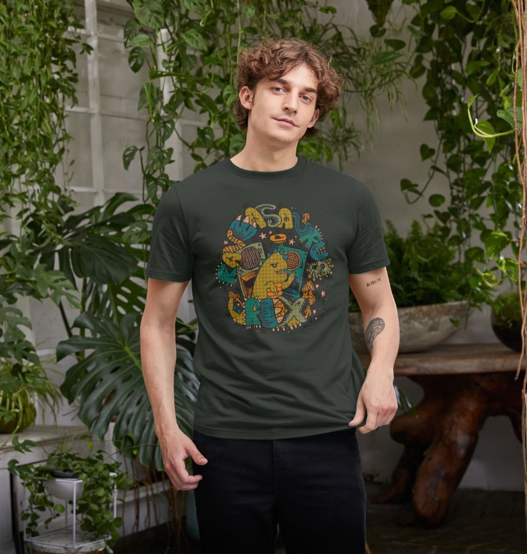 Organic Cotton Dark Grey T-shirt featuring Raveasaurus Rex Moss by Fowl Plays - Sustainable Fashion and Art At Fowl Plays