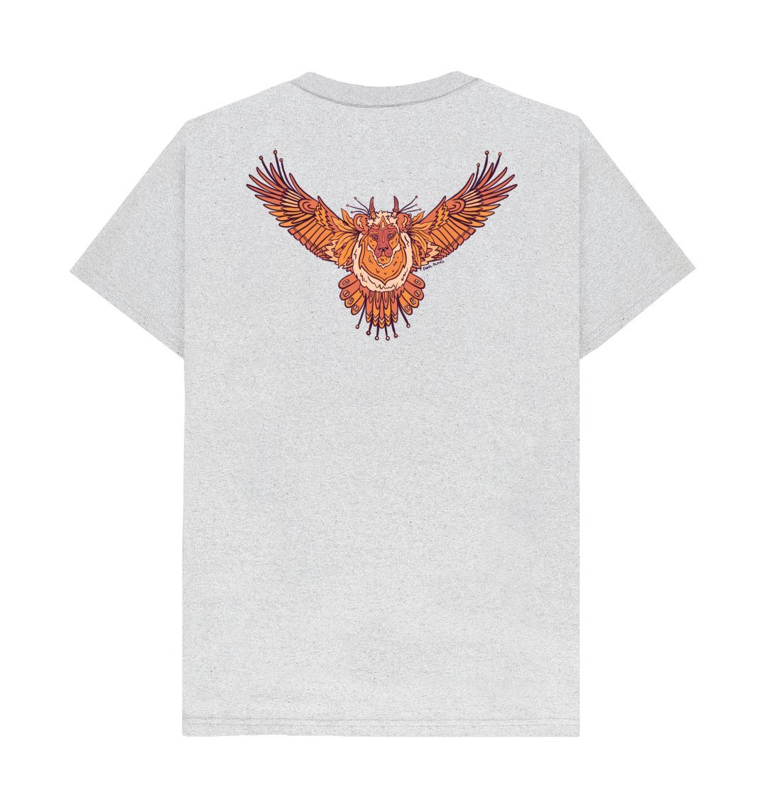 Flying Fire Lion by Fowl Plays on Grey Organic Cotton Recycled Unisex  Back T-shirt Sustainable Fashion and Art At Fowl Plays