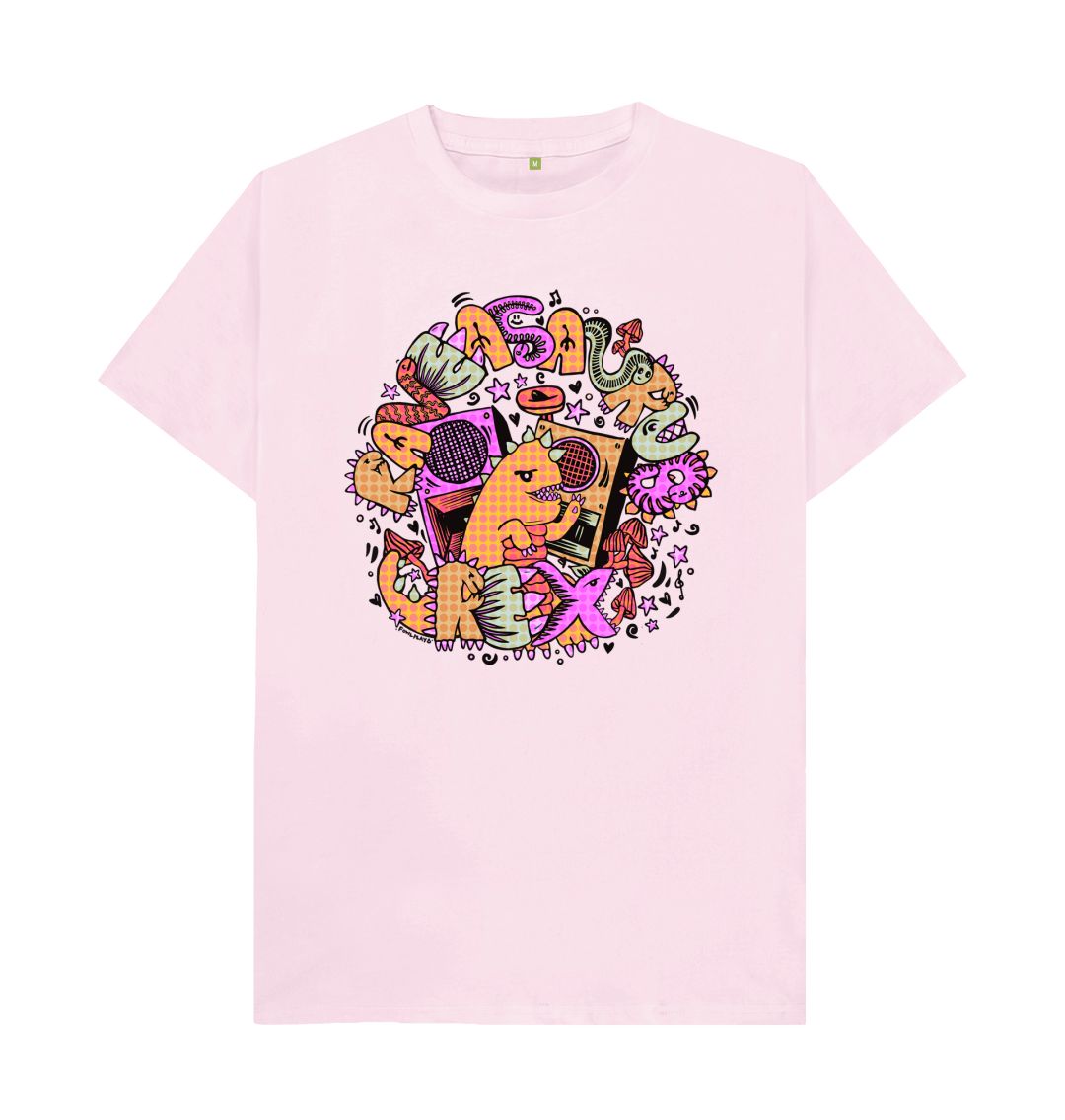 Organic Cotton Pink T-shirt featuring Raveasaurus Rex Orange by Fowl Plays - Sustainable Fashion and Art At Fowl Plays