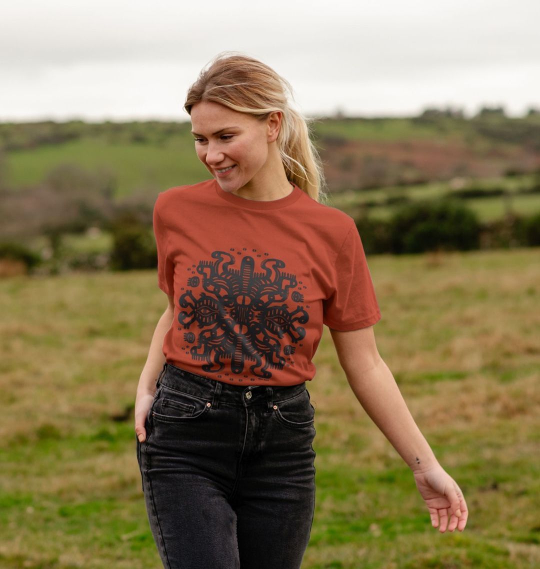 Organic Cotton Rust T-shirt featuring Squid Mates by Fowl Plays - Sustainable Fashion and Art At Fowl Plays