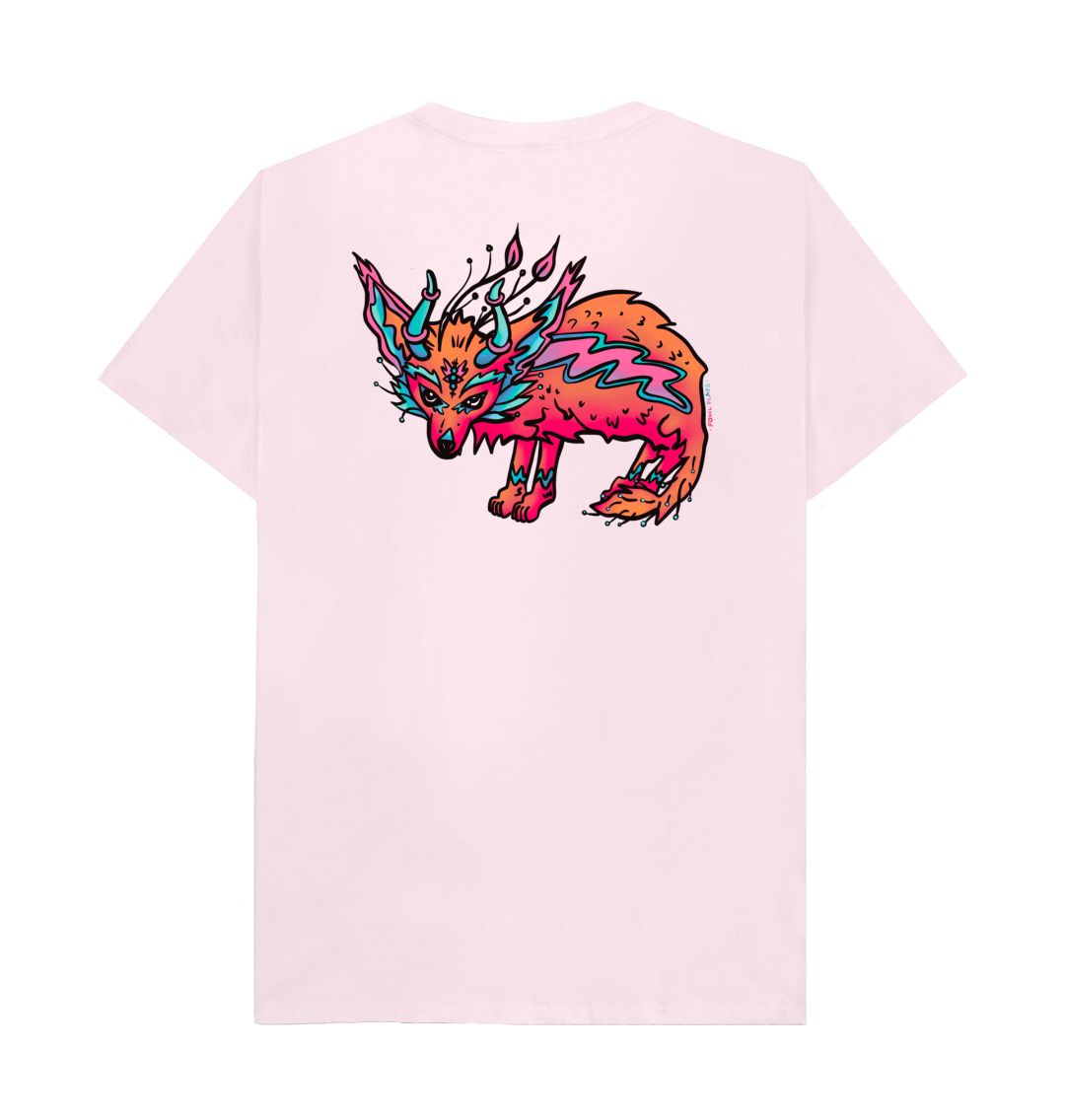 Reverse side Organic Cotton Pink T-shirt featuring a fantasy Fennec Fox by Fowl Plays - Sustainable Fashion and Art At Fowl Plays