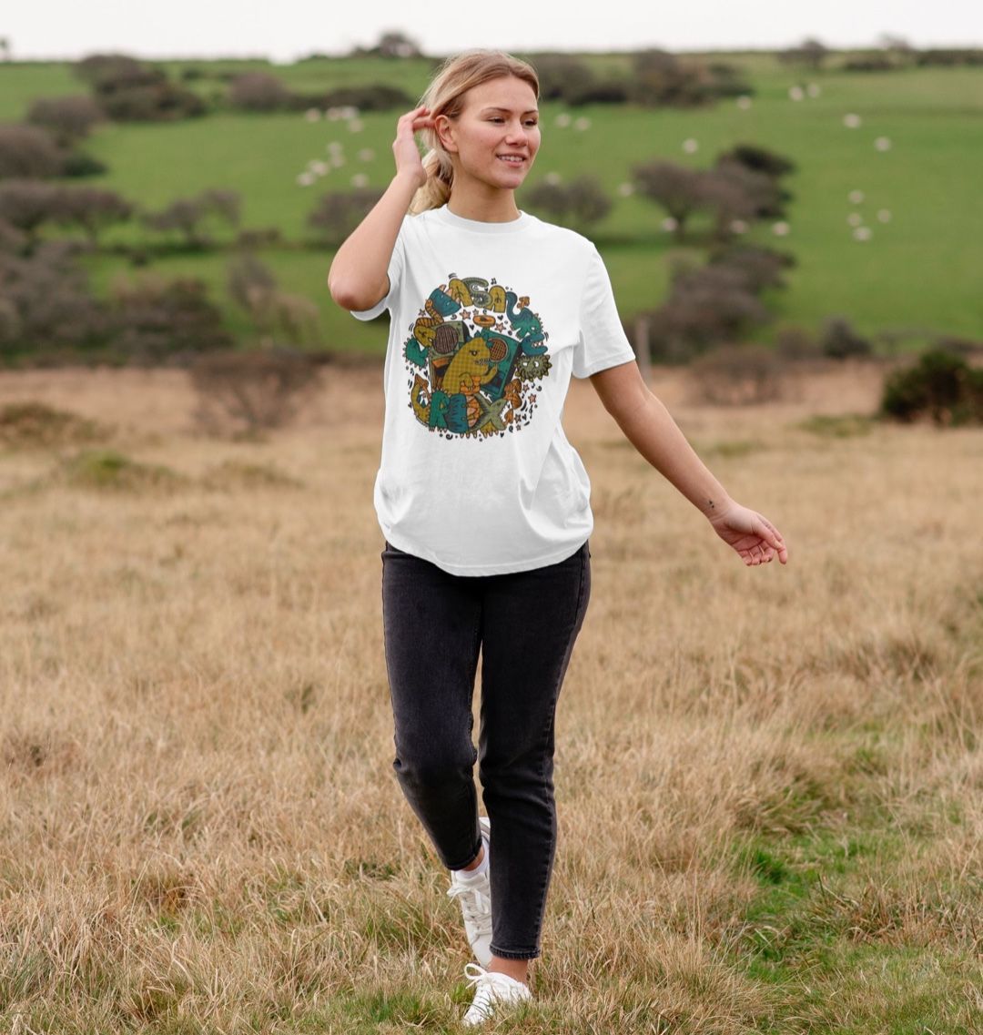 Organic Cotton White T-shirt featuring Raveasaurus Rex Moss by Fowl Plays - Sustainable Fashion and Art At Fowl Plays